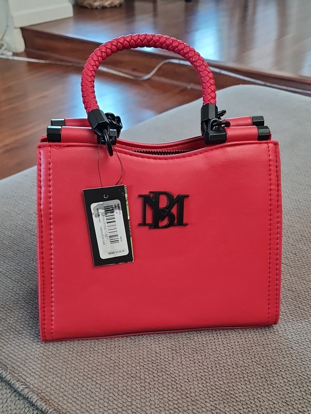 Badgley Mischka Red Braided-Handle Crossbody Satchel with Black Hardware